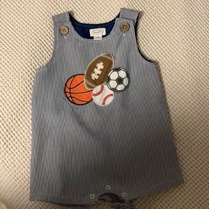 Mud Pie baby boy 6-9 month spots outfit John John overalls